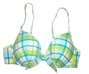 Ladies Size 34 D Bikini Top M&S White Mix Check Underwired Padded Plunge - Picture 1 of 5