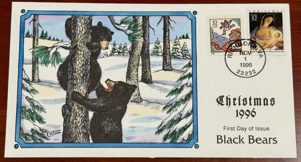 #3107+3117 Christmas  1996 FDC Hand-Painted by Collins Christmas "BLACK BEARS" - Image 1 of 1