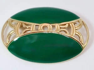 Spilla ovale vintage anni 90 designer Monet elegante smalto verde tono oro 1,76" - Foto 1 di 6