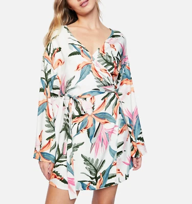 HURLEY WOMEN'S WHITE FLORAL LONG SLEEVE TAMA WRAP DRESS Sz M - Image 1 of 4