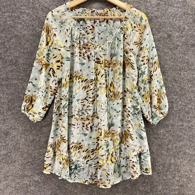 Old Navy Blouse Women M Maternity Blue Floral V-Neck 3/4 Sleeve Tasseled Casual - Image 1 of 4