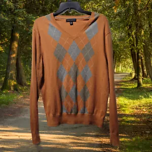 Banana Republic Sweater Women's MEdium V-Neck Cashmere Silk Knit Orange Argyle - Picture 1 of 4