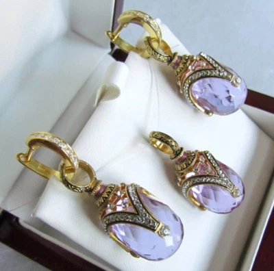 ALEXANDRITE EARRINGS & PENDANT SET HANDMADE RUSSIAN SOLID STERLING SILVER 925  - Image 1 of 4