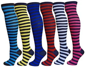 6 Paar Damen Streifen bunt über dem Knie Oberschenkel hohe Socken - Bild 1 von 2