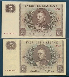 Sweden 5 Kronor 2Pcs Lot, 1956 1963, P 42c 50b, UNC - Picture 1 of 2