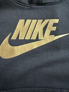 Nike Hoodie Boys 6 Medium Black With Big Gold Swoosh Logo Pullover Sweater