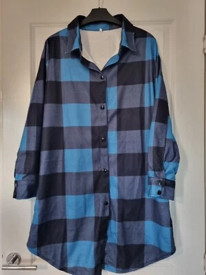 SMART BLUE NAVY BLACK CHECK BUTTON FRONT COLLARED SOFT TOUCH TUNIC SHIRT DRESS M - Image 1 of 4
