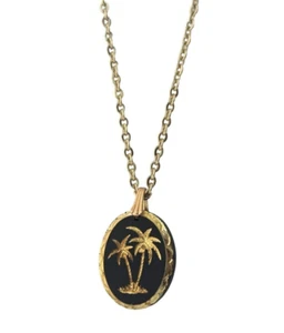 Vintage GERMANY Etched Palm Trees Black Stone Pendant Chain Link Necklace - Picture 1 of 10