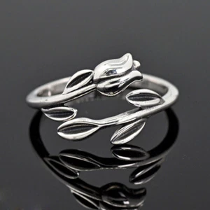Anello in argento 925 fiore rosa e foglia regolabile fatto a mano gioielli donna MR#243 - Foto 1 di 3