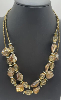 Brown Gold Tone Shell? Beaded Layered Necklace 18" Fashion Jewelry Unmarked - Image 1 of 2