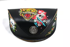 Ed Hardy Black Leather Embroidered EHS-053 Vintage Tattoo Eyewear Case - Picture 1 of 6