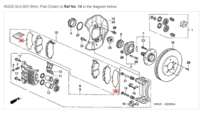 Cuña, pastilla (exterior) freno delantero HONDA ACURA ORIGINAL OEM NSX ☆ 45228-SL0-003 ☆ Foto 1 de 2