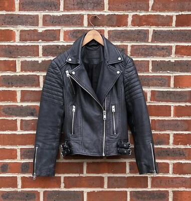 Chaqueta de motociclista de cuero PAPIN All Saints para dama UK10 US6 EU38 gris Bomber Rock Foto 1 de 4