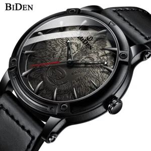 Men Quartz Watch Creative Wolf Military Sport Wristwatch BLK Leather Strap Watch - Picture 1 of 14