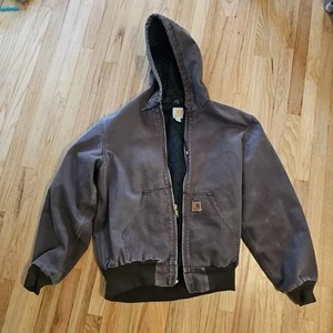 Carhartt Mens MED J280 DKB Dark Brown Canvas Quilt Lined Hooded Jacket Vintage - Picture 1 of 12