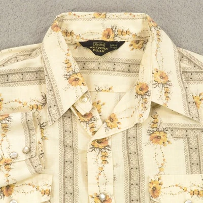 VINTAGE 70s Western Pearl Snap Mens Large Sears Floral Cream Cowboy Button Up - Image 1 of 4