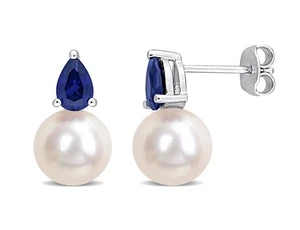 8.5-9mm Cultured Freshwater Pearl Earrings with Lab-Created Blue Sapphires Sterl - Picture 1 of 5