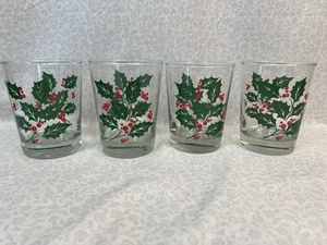 Vtg Indiana Glass Christmas Rocks Glasses Holly Berries 4 Piece Set - Picture 1 of 3