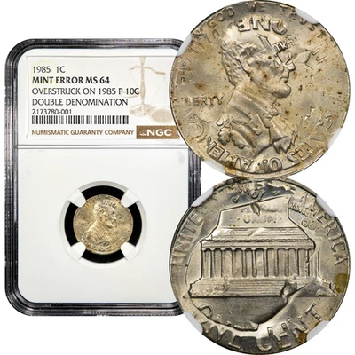 1985 Double Denom Error - Lincoln Cent 1c Struck on Roosevelt Dime 10c NGC MS64  - Image 1 of 4