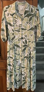 Nicole Miller Dress Linen Green Leaf Button Down Full Skirt Size L - Picture 1 of 7