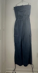 Olivaceous Jumpsuit Womens S Denim Strapless Cargo Pocket Drawstring NWT Utility - Picture 1 of 14