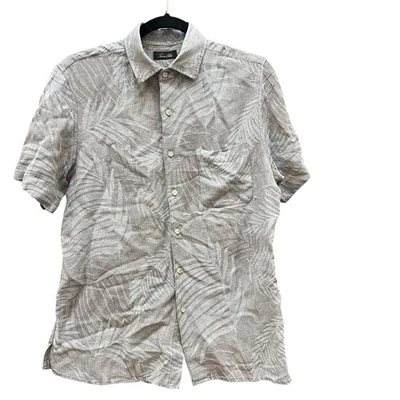 Tasso Elba Men’s M Silk Linen Short Sleeve Button Shirt Tan Tropical Plant Print - Image 1 of 4