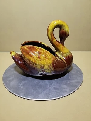 Canadian Blue Mountain Pottery Swan Planter With Brown & yellow Drip Glaze - Image 1 of 4