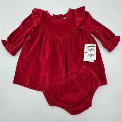 NUEVO Nordstrom Bebé Niñas 3 Meses Rojo Rio Velour Vestido Florers Conjunto de 2 Piezas Vacaciones Foto 1 de 4