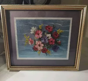 Vintage Art Realism Poppies Flowers MCM Foil Art Framed 8" x 6" - Picture 1 of 10