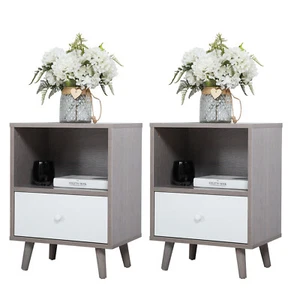 2 Pcs Wood Nightstand Bedside Table Sofa Side End Table w/ Drawer Open Shelf - Picture 1 of 11