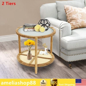 Modern Round Coffee Table Home Wooden End Side Table with Storage Open Shelf - Picture 1 of 19