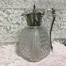 Antique Edwardian Cut Glass Square Claret Jug, Silver Plated Collar & Hinged Lid