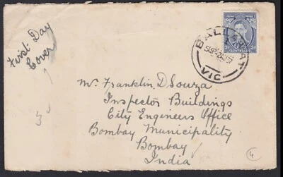 1937 Australia KGVI 3d Blue FDC Postal Cover BALLARAT VIC to Engineer India  - Image 1 of 4