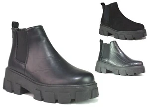 Ladies Ankle Black Boots Womens Chunky Platform Chelsea Slip On Shoes Sizes 3-8 - Picture 1 of 21