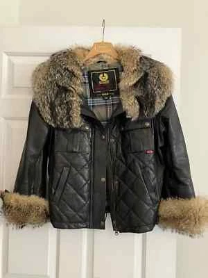 Precioso! Chaqueta de cuero Belstaff marrón dorado con ribete de piel, talla 48 (US 10 - 12?) Foto 1 de 4