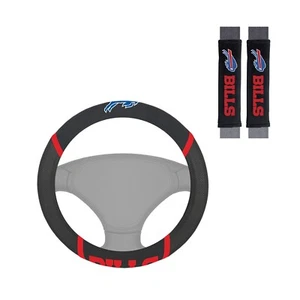 NEW BUFFALO BILLS MESH GRIP STEERING WHEEL COVER & 2 SEAT BELT PAD COVERS - Picture 1 of 4