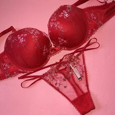 Victoria's Secret 34DD BRA SET thong Strappy RED Pink Foil Floral Embroidered - Image 1 of 4
