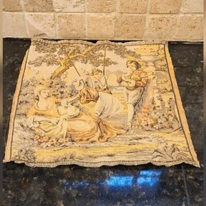 Antique French Tapestry 2 Ladies 1 on Swing, Man Playing Musette - Picture 1 of 9