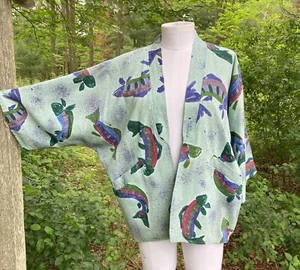 Vtg Fish Print Reversible Dolman Sleeve Kimono-Inspired Jacket Small Medium - Picture 1 of 8