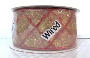 Red Gold Sparkle Plaid Stripes Sheer 3" Wide Wired Ribbon 25 yd wedding holiday - Picture 1 of 1