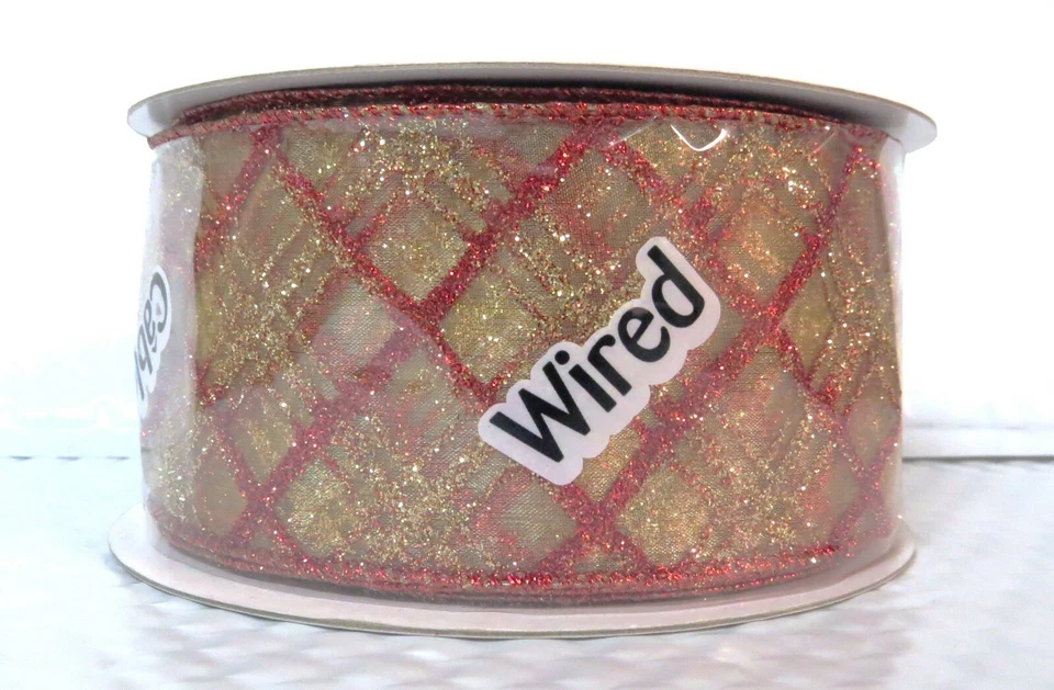 Red Gold Sparkle Plaid Stripes Sheer 3" Wide Wired Ribbon 25 yd wedding holiday - Image 1 of 1