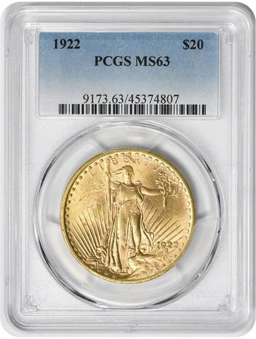 1922 $20 Gold St. Gaudens MS63 PCGS Cover