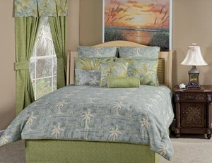 4pc Sky Blue/Green Tropical Botanical & Antique Map Design Comforter Set Full - Picture 1 of 1