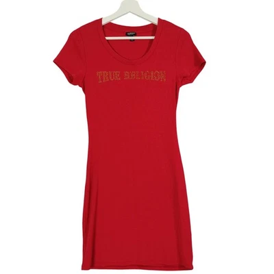 Истинная религия Y2K обтяжку ребристый трикотаж платье со стразами логотип красный Baddie женщин M - Изображение 1 из 4