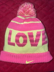 Love 2 Win Girls Youth Nike Toboggan Yellow Pink One Size Pom Winter Ski Beanie - Picture 1 of 4