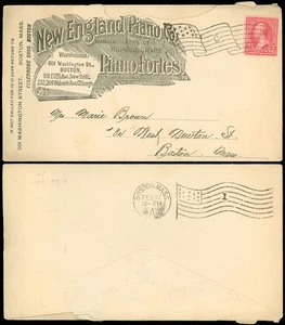 Boston CDS 1897, NEW ENGLAND PIANO CO., PIANO FORTES. Cubierta de anuncio Involute Flag - Imagen 1 de 1
