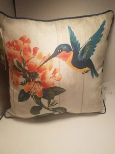 HUMMINGBIRD Outdoor Pillow 16" Dlx Teal White Coral Indoor Outdoor Pillows USA - Picture 1 of 3