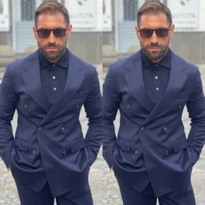 Marineblau Herren Anzüge Business Formell Zweireiher 2 Teile Offizielle Jacke Blazer - Bild 1 von 15