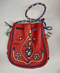 Bolsa con cordón de cuero rojo vintage hecha a mano de Europa del Este - ¿Soporte para frasco?  - Imagen 1 de 12