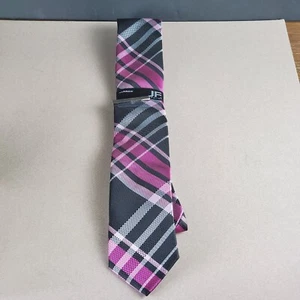 J. Ferrar Skinny Tie Plaid Jacquard Woven Polyester Pink & Black with Tie Clip - Picture 1 of 6